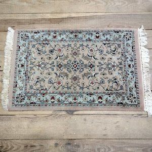 Vtg Wool/Silk Floral Oriental Rug Door Mat Hand Knotted Mauve Blue 23"×40"